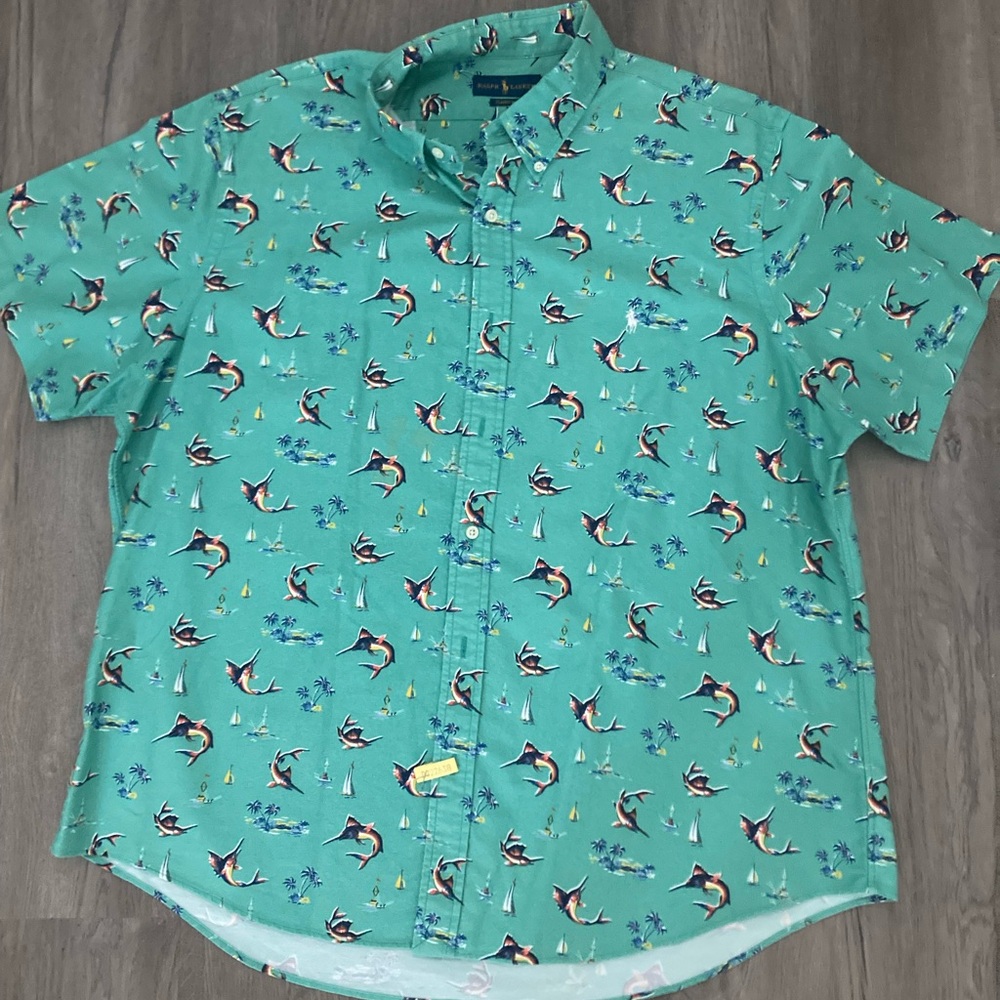 Polo Ralph Lauren Classic Fit Untucked Button Up Swordfish Palm Tree Shirt XXL